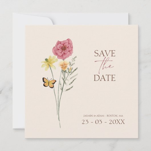 Roze gele Wildflower grillige Save the Date (Voorkant)