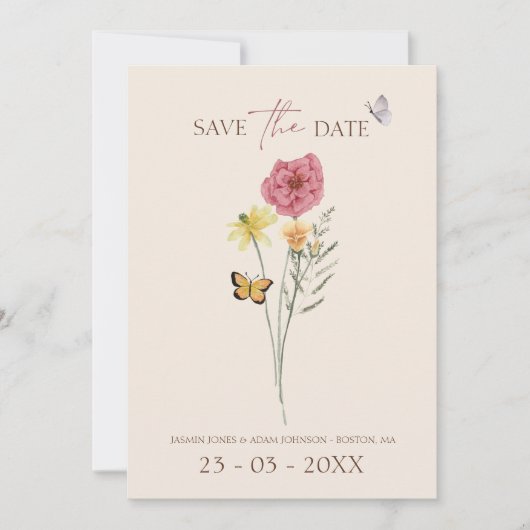 Roze gele Wildflower grillige Save the Date (Voorkant)