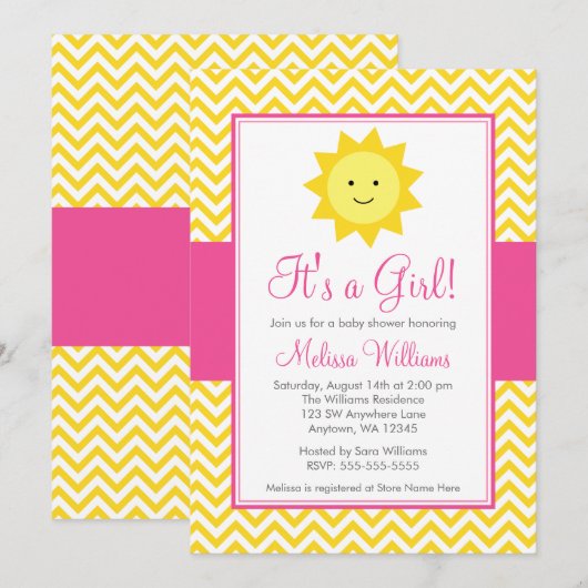 Roze Gele Zonneschijn Chevron Meisje Baby shower Kaart (Voorkant / Achterkant)