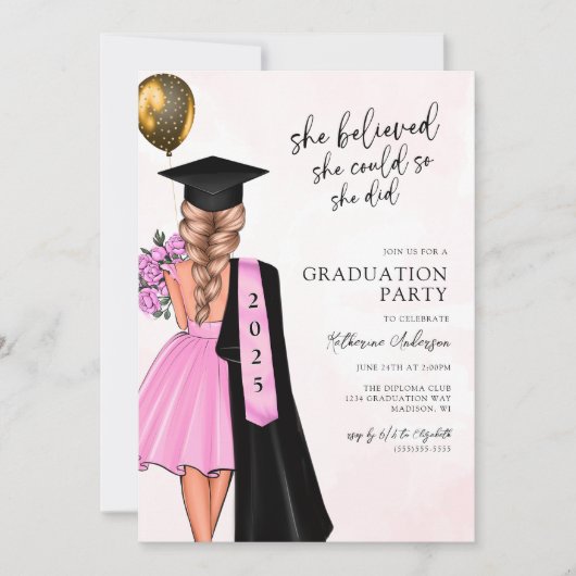 Roze geloofde afstudeerfeest kaart (Voorkant)