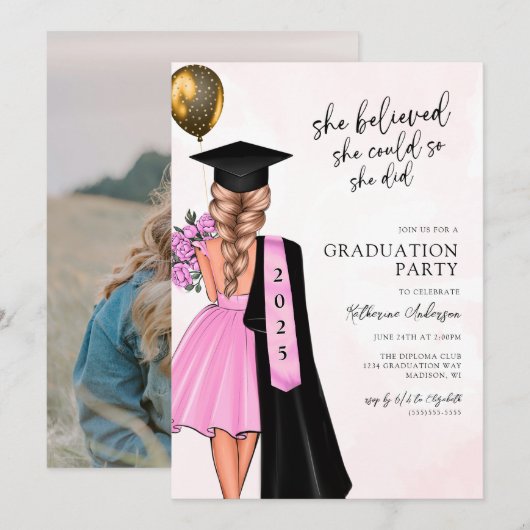 Roze geloofde afstudeerfeest kaart (Voorkant / Achterkant)