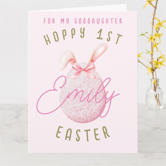 Roze Gelukkig 1e Paasei Goddochter Naam Kaart (Gele Bloem)