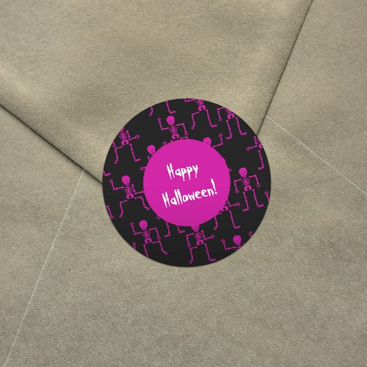 Roze Gelukkig Halloween Dancing Skeletons Patroon Ronde Sticker