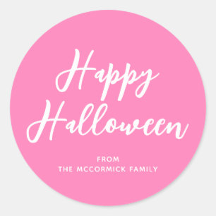 Roze Gelukkig Halloween Modern Script Typografie Ronde Sticker