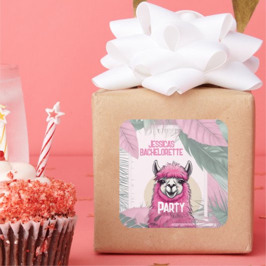 Roze Gelukkig Lachende Lama Bachelorette Vierkante Sticker (Feest)