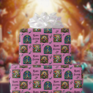 Roze Gelukkig Pasen Konijn Elegant Gebrandschilder Cadeaupapier