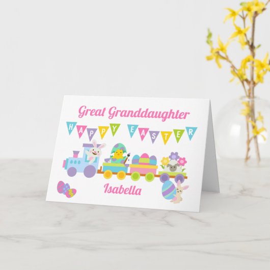 Roze Gelukkig Pasen Konijn Trein Achterkleindochte Kaart (Gele Bloem)