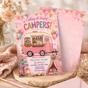 Roze Gelukkige Camper Verjaardag Kaart