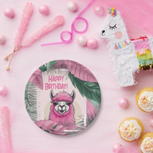 Roze Gelukkige Glimlachende Lama Papieren Bordje (Feest)