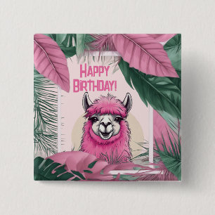 Roze Gelukkige Glimlachende Lama Vierkante Button 5,1 Cm