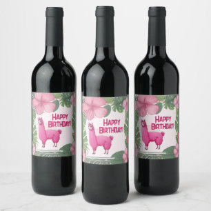 Roze Gelukkige Glimlachende Lama Wijn Etiket