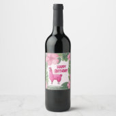 Roze Gelukkige Glimlachende Lama Wijn Etiket (Voorkant)