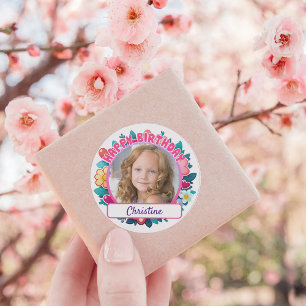Roze Gelukkige Verjaardag, bloemen en harten op ma Ronde Sticker