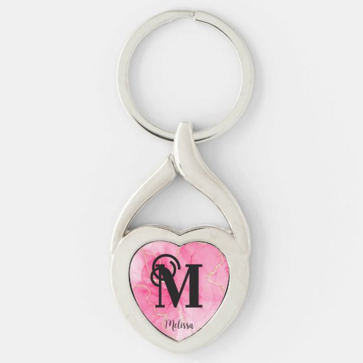  roze gemarmerd monogram naam sleutelhanger (Voorkant)