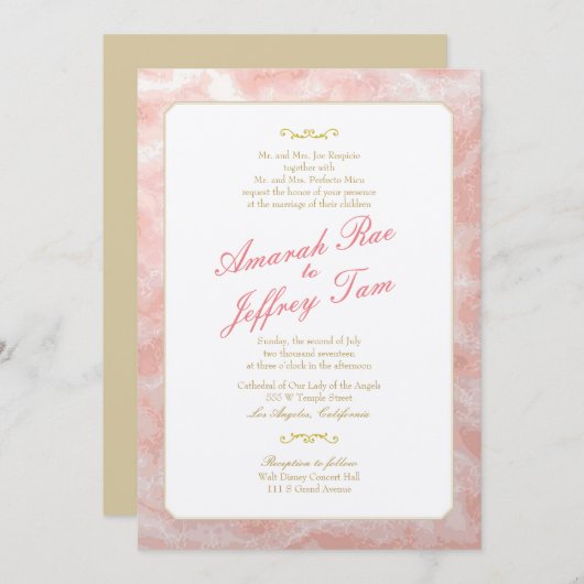 Roze gemarmerde trouwuitnodiging goudkoraal kaart (Voorkant / Achterkant)