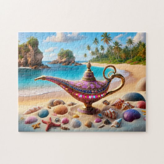 Roze genielamp op paradijsstrand legpuzzel (Horizontaal)