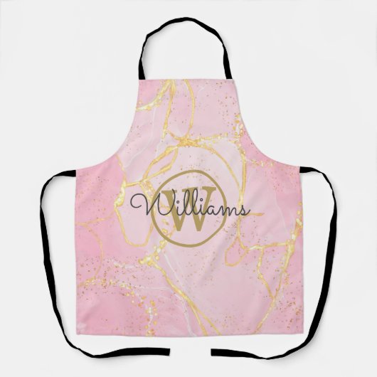 Roze Geode Agat Gouden Initialen Script Naam Schort (Voorkant)