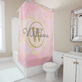 Roze Geode Agat Gouden Monogram Script Naam Douchegordijn