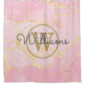 Roze Geode Agat Gouden Monogram Script Naam Douchegordijn (Voorkant)