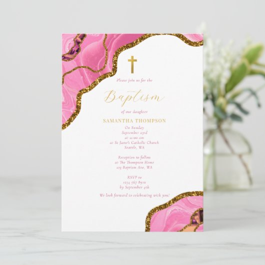 Roze Geode Agate Gold Cross Baptisme Christening Kaart (Staand voorkant)