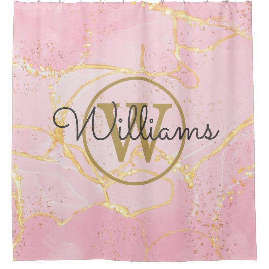 Roze Geode Agate Gold Monogram Manuscript Douchegordijn (Voorkant)
