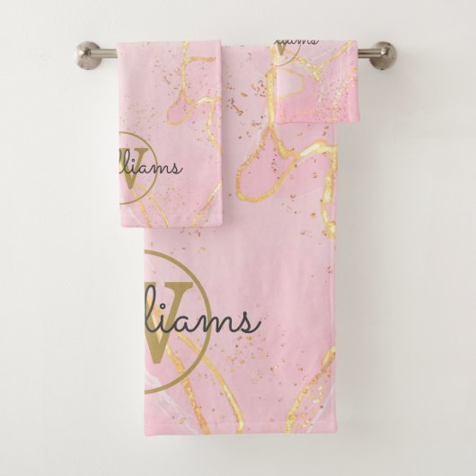 Roze Geode Agate Gouden Monogram Bad Handdoek (Insitu)