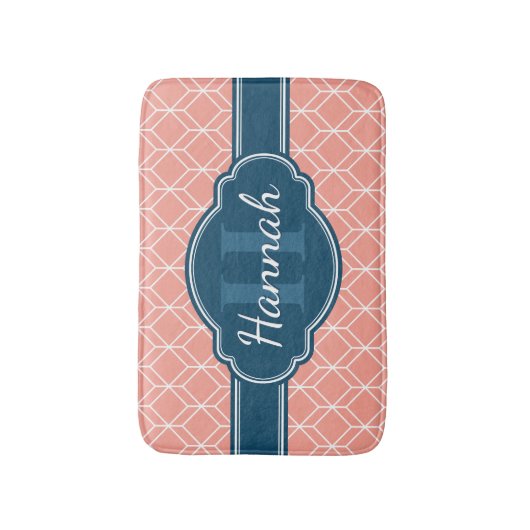 Roze Geometric Diamond Pattern Blue Monogram Badmat (Voorkant Verticaal)