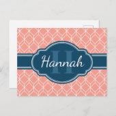 Roze Geometric Diamond Pattern Blue Monogram Briefkaart (Voorkant / Achterkant)