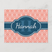 Roze Geometric Diamond Pattern Blue Monogram Briefkaart (Voorkant)