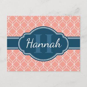 Roze Geometric Diamond Pattern Blue Monogram Briefkaart