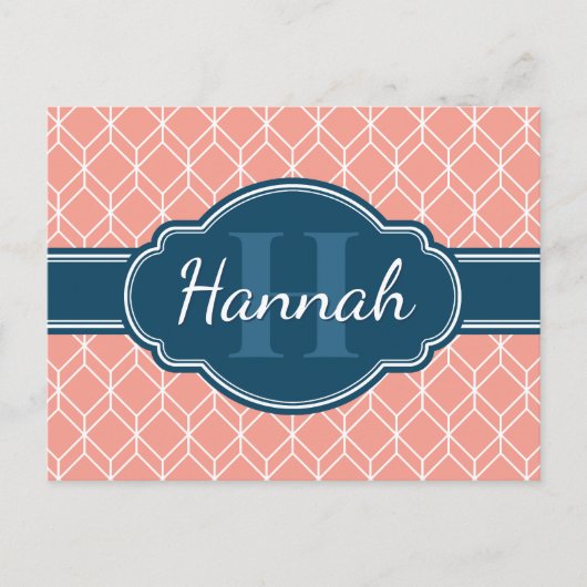 Roze Geometric Diamond Pattern Blue Monogram Briefkaart (Voorkant)