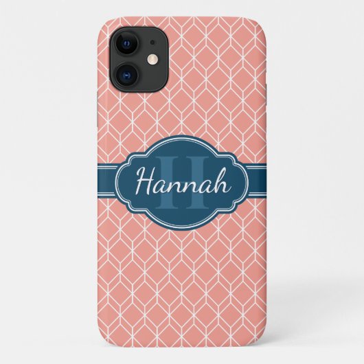 Roze Geometric Diamond Pattern Blue Monogram Case-Mate iPhone Case (Achterkant)