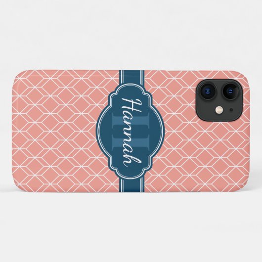 Roze Geometric Diamond Pattern Blue Monogram Case-Mate iPhone Case (Achterkant (horizontaal))