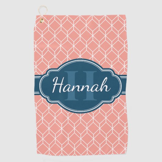 Roze Geometric Diamond Pattern Blue Monogram Golfhanddoek (Voorkant)