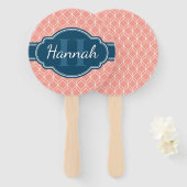 Roze Geometric Diamond Pattern Blue Monogram Handwaaier (Voorkant en achterkant)