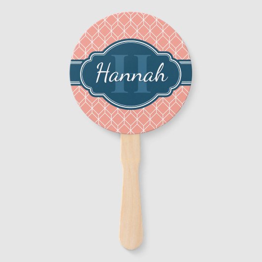 Roze Geometric Diamond Pattern Blue Monogram Handwaaier (Voorkant)