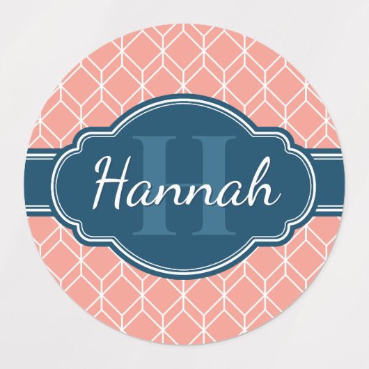 Roze Geometric Diamond Pattern Blue Monogram Labels (Design 2)