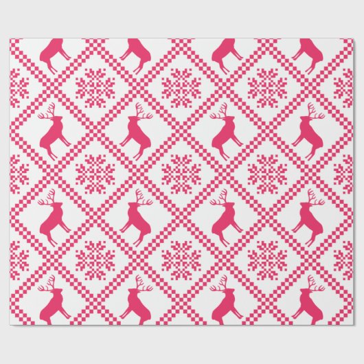 Roze, geometrisch kerstpatroon met rendieren cadeaupapier (Vlak)