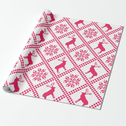 Roze, geometrisch kerstpatroon met rendieren cadeaupapier (Uitgerold)
