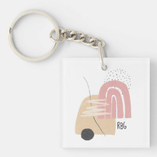 Roze geometrisch patroon met monogramontwerp sleutelhanger