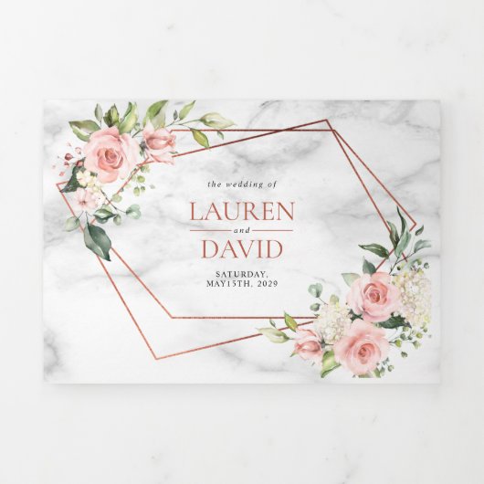 Roze Geometrische marmer Floral Eucalyptus Weduwsc Drieluik Uitnodiging (Cover)