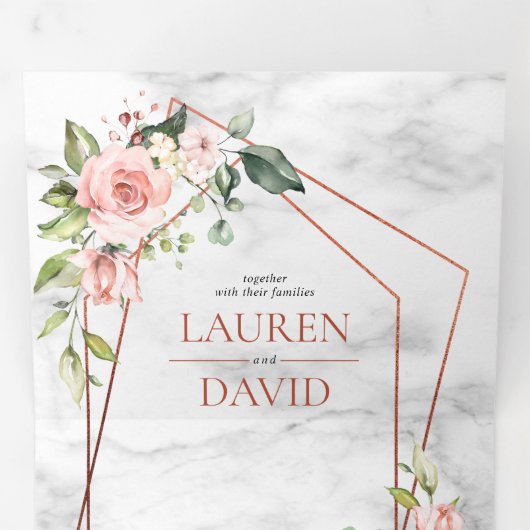 Roze Geometrische marmer Floral Eucalyptus Weduwsc Drieluik Uitnodiging (Binnenzijde eerst)