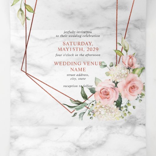Roze Geometrische marmer Floral Eucalyptus Weduwsc Drieluik Uitnodiging (Binnenkant midden)