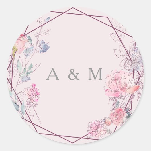 Roze Geometrische Wreath Flowers Modern Wedding Ronde Sticker (Voorkant)