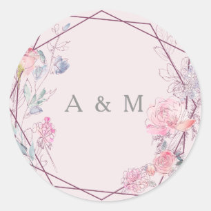 Roze Geometrische Wreath Flowers Modern Wedding Ronde Sticker