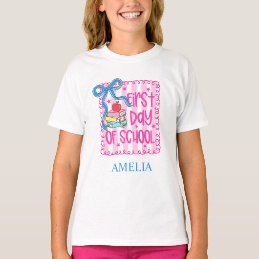 Roze gepersonaliseerd eerste schooldag T-shirt (Voorkant)