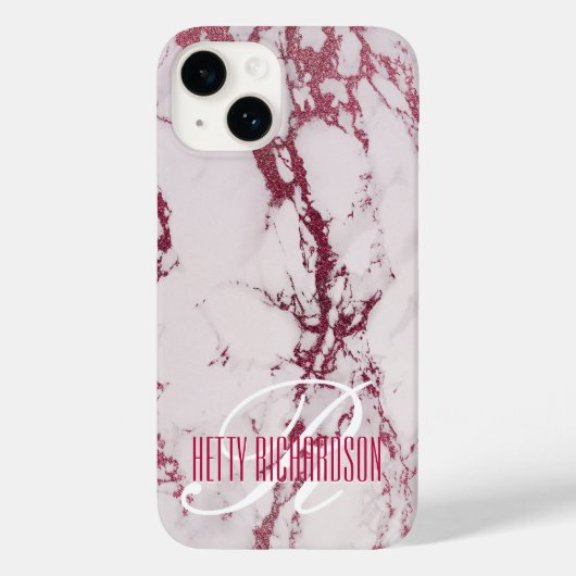 Roze Gepersonaliseerd Lush Glitter Marmer Monogram Case-Mate iPhone Case (Achterkant)
