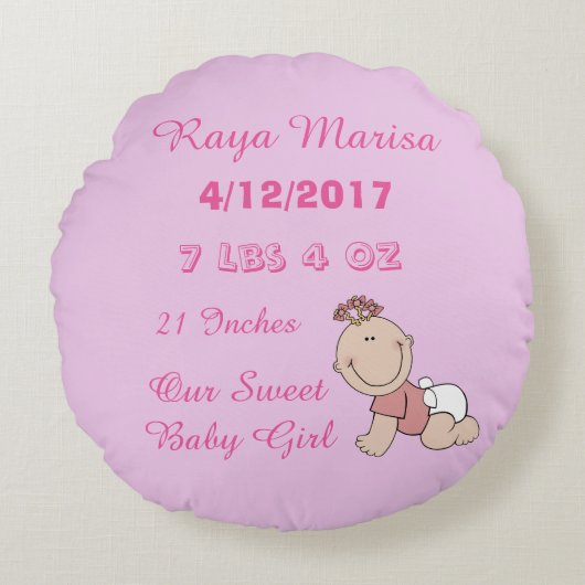 Roze, gepersonaliseerde Baby Girl Pillow Rond Kussen (Voorkant)