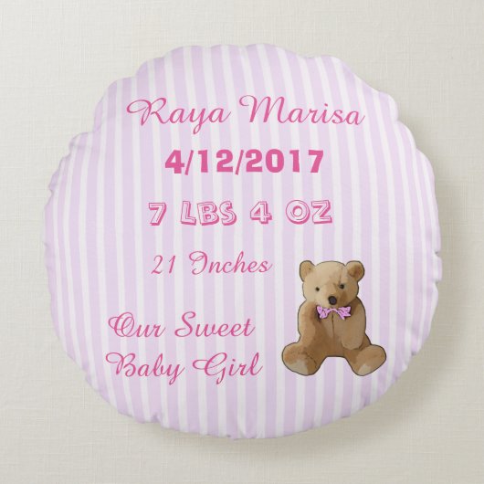 Roze, gepersonaliseerde Baby Girl Pillow Rond Kussen (Voorkant)