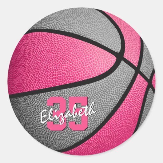 roze, gepersonaliseerde basketbal ronde sticker (Voorkant)